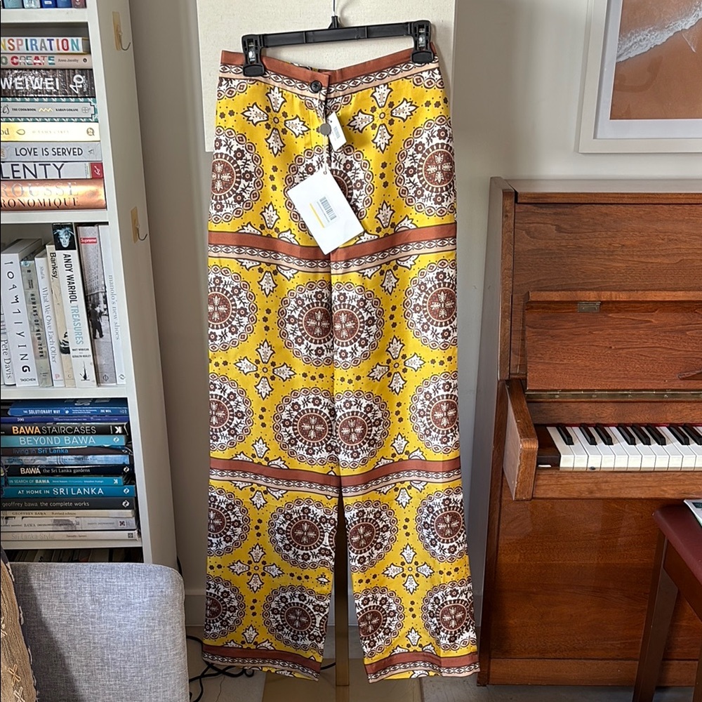 Yellow and Brown Patterned Wide-Leg Pants